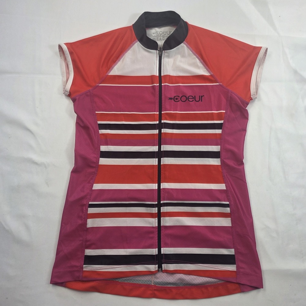 Coeur Cycling Jersey Womens Medium Pink Striped Full Zip Bike Shirt Top USA